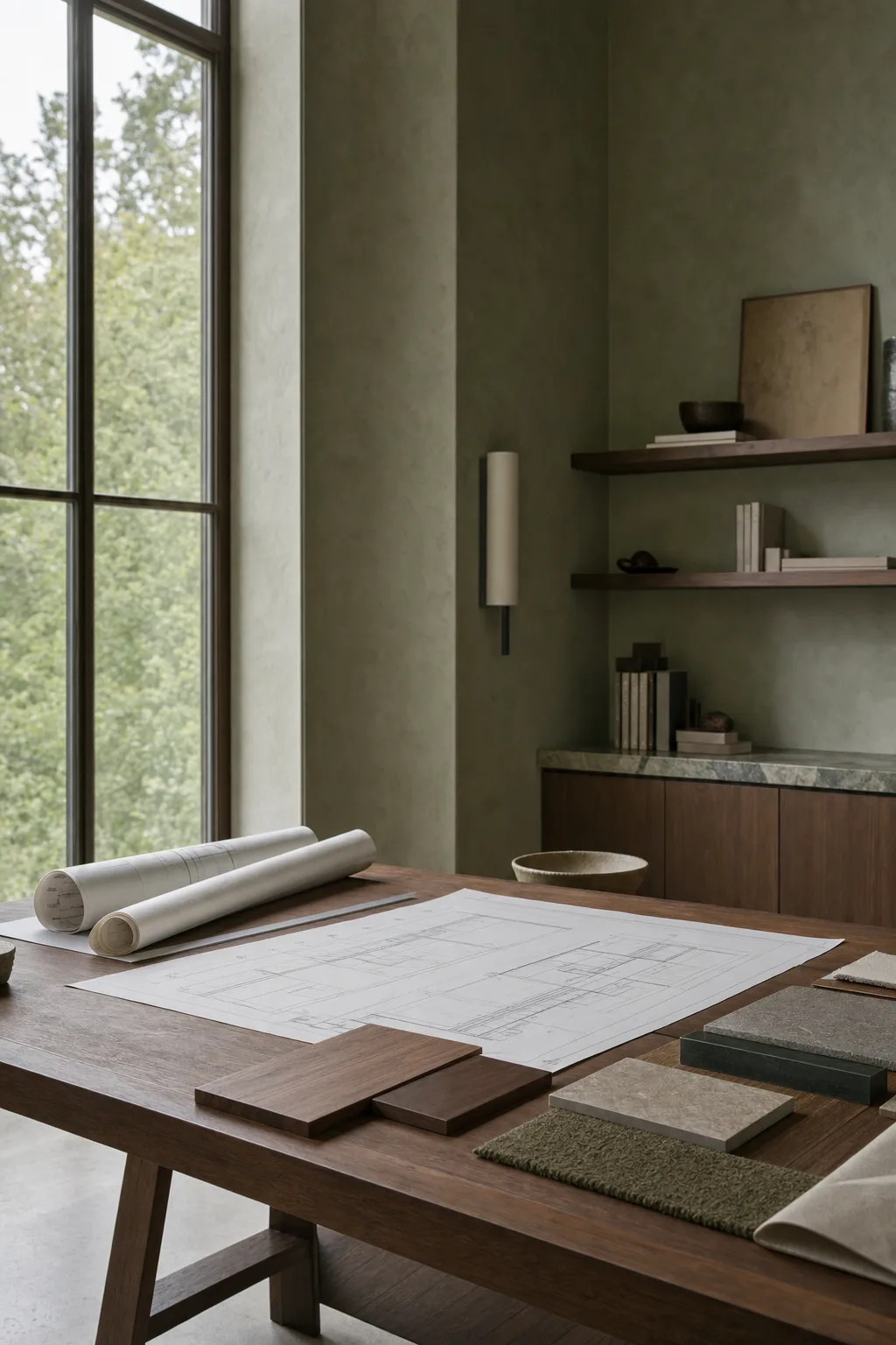 Zeichentisch mit Plänen und Materialmustern am Fenster